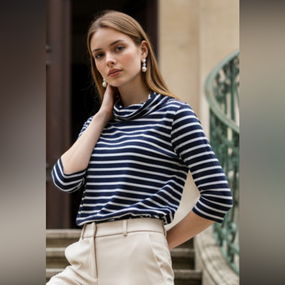 IRIDEON Top Shirt Cowl Mock Turtleneck Striped Stretchy Purple